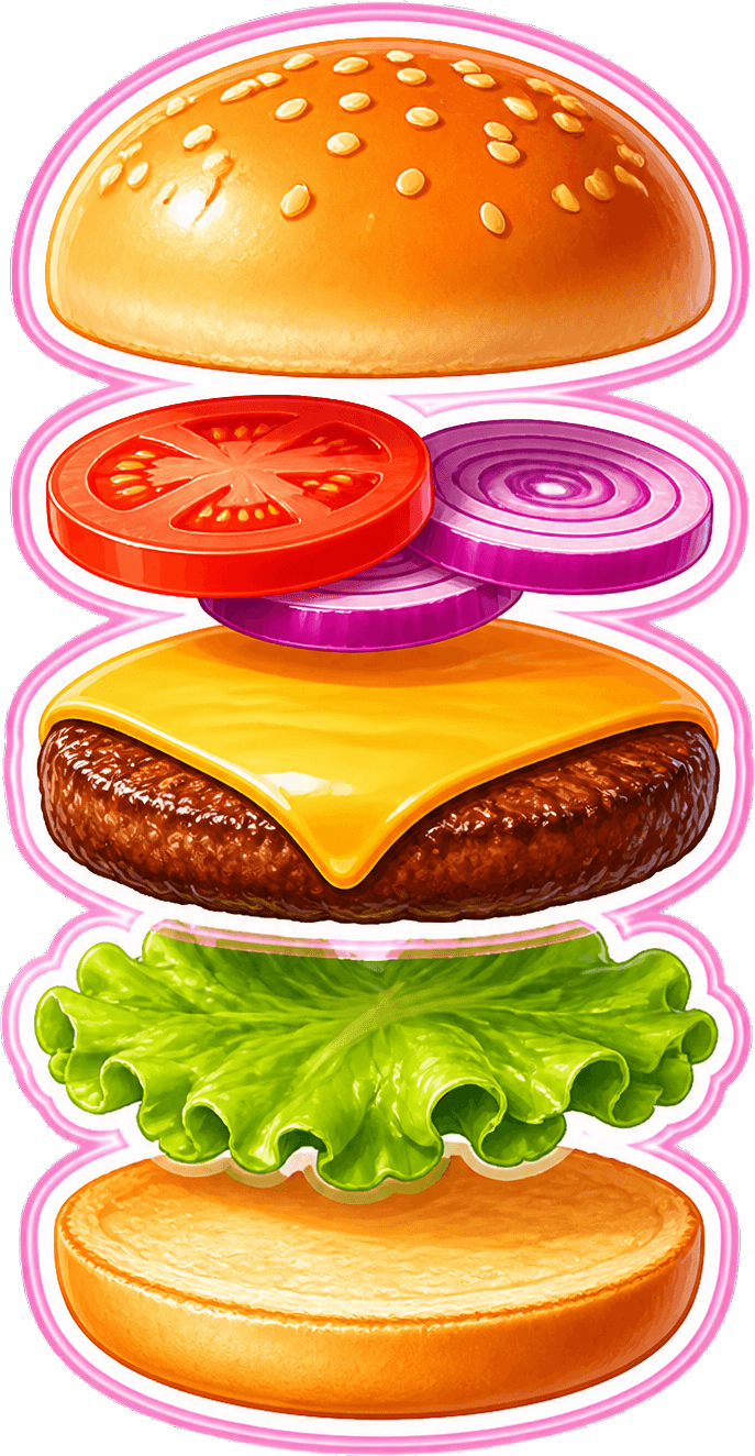 Exploded burger with separated ingredient layers